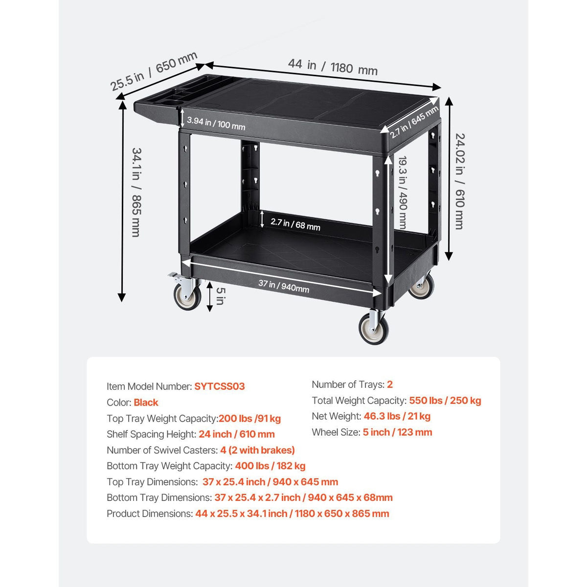 Utility Cart, 550 lbs Load Capacity, 37 x 25.4-inch Service Cart, Two-Shelf Heavy Duty Plastic Utility Cart with 360° Swivel Wheels (2 with Brakes), Suitable for Warehouse, Garage, Cleaning