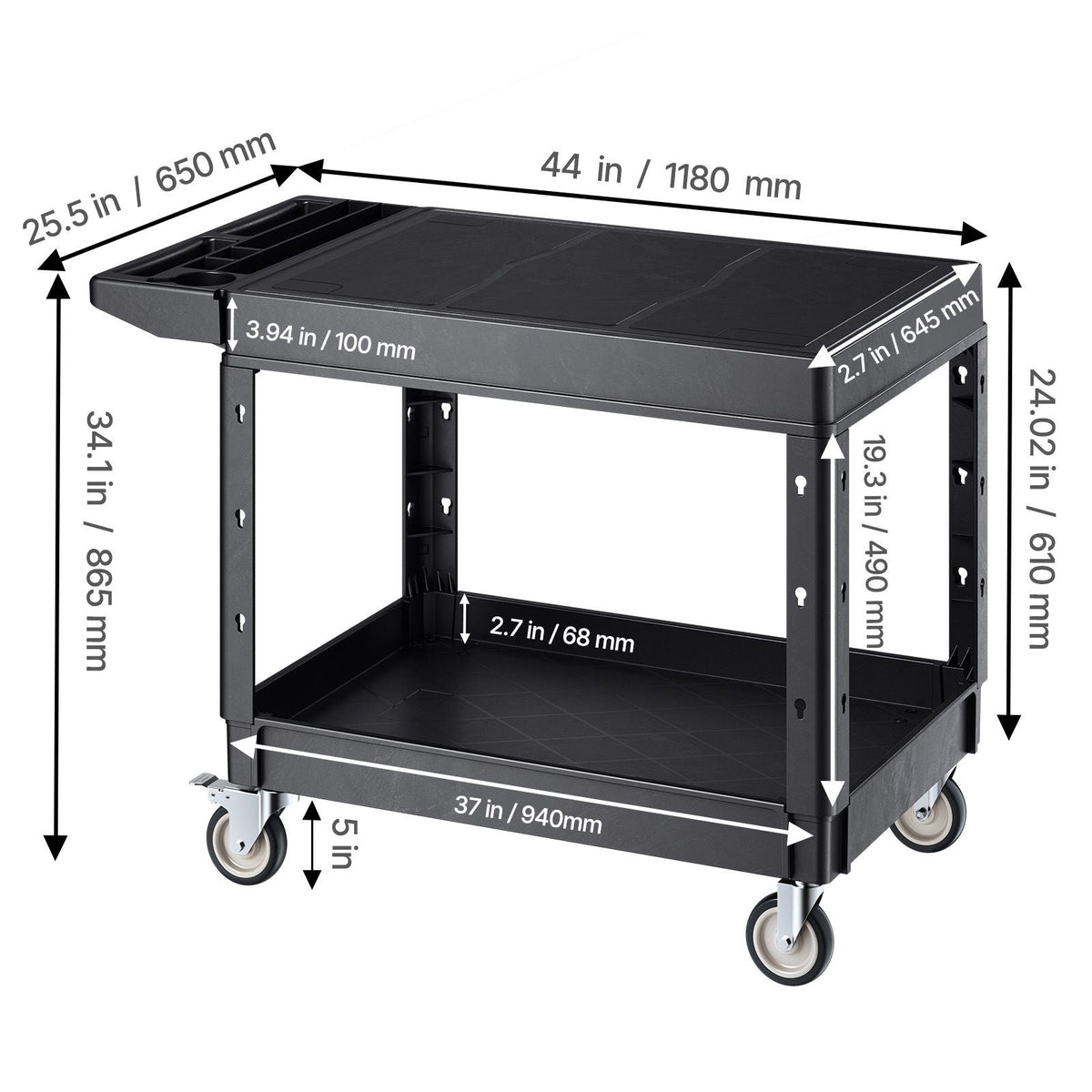 Utility Cart, 550 lbs Load Capacity, 37 x 25.4-inch Service Cart, Two-Shelf Heavy Duty Plastic Utility Cart with 360° Swivel Wheels (2 with Brakes), Suitable for Warehouse, Garage, Cleaning