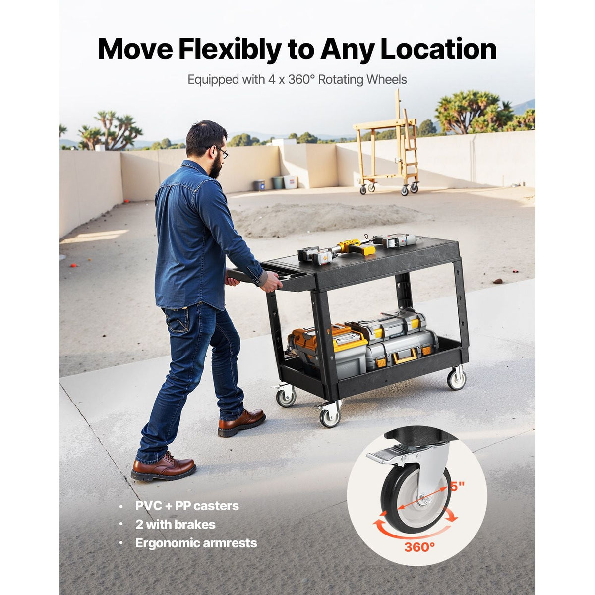 Utility Cart, 550 lbs Load Capacity, 37 x 25.4-inch Service Cart, Two-Shelf Heavy Duty Plastic Utility Cart with 360° Swivel Wheels (2 with Brakes), Suitable for Warehouse, Garage, Cleaning