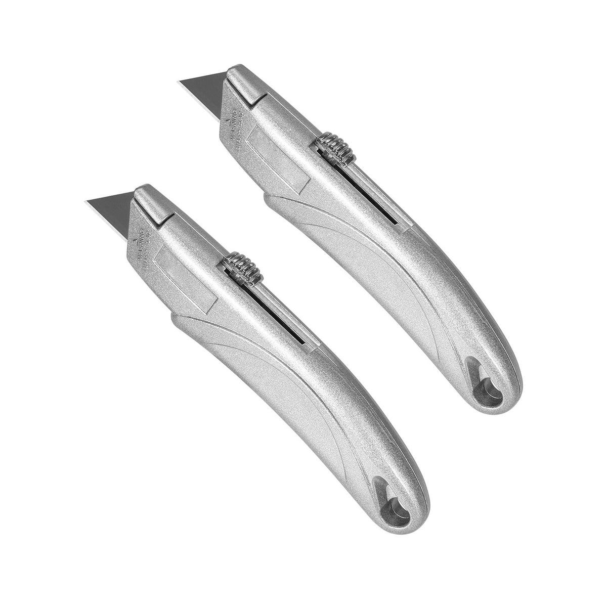 Utility Knife, 2-Pack Retractable Box Cutter, with Aluminum Alloy Case, SK5 Blades and Handle, 3-Position Blade, 5 Blades, Heavy Duty Box Cutter for Leather, Card Board, Rubber Cables, Silver
