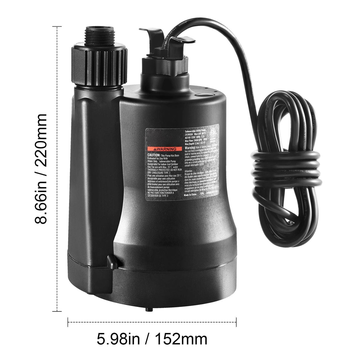 Utility Pump, 1/3 HP, 2450 GPH High Flow, 30 ft Head, Sump Pump Submersible Water Pump Portable Utility Pump with 10 ft Long Power Cord for Draining Water from Swimming Pool Garden Pond Basement