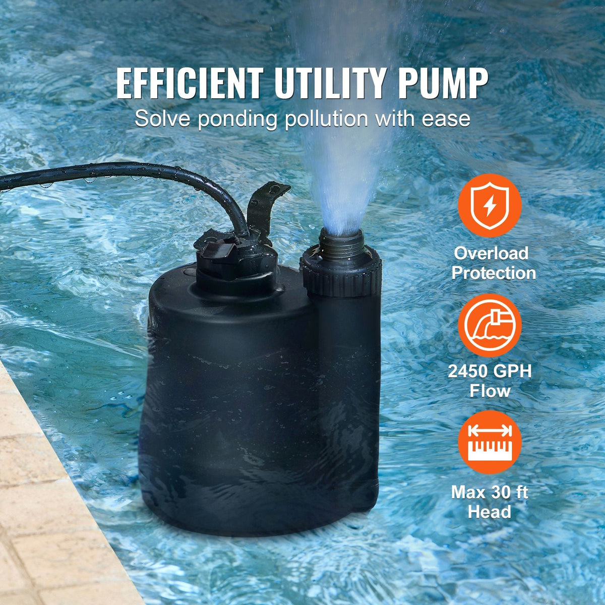 Utility Pump, 1/3 HP, 2450 GPH High Flow, 30 ft Head, Sump Pump Submersible Water Pump Portable Utility Pump with 10 ft Long Power Cord for Draining Water from Swimming Pool Garden Pond Basement