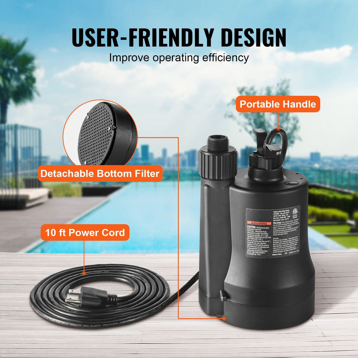 Utility Pump, 1/3 HP, 2450 GPH High Flow, 30 ft Head, Sump Pump Submersible Water Pump Portable Utility Pump with 10 ft Long Power Cord for Draining Water from Swimming Pool Garden Pond Basement