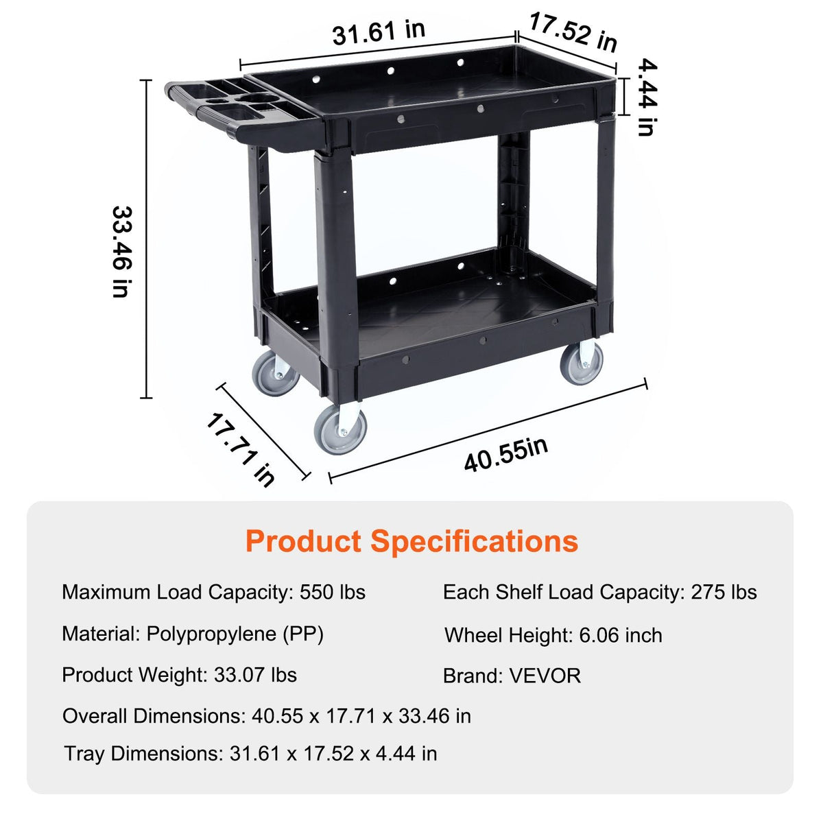 Utility Service Cart, 2 Shelf 550LBS Heavy Duty Plastic Rolling Utility Cart with 360° Swivel Wheels, Medium Lipped Shelf, Ergonomic Storage Handle for Warehouse/Garage/Cleaning/Office