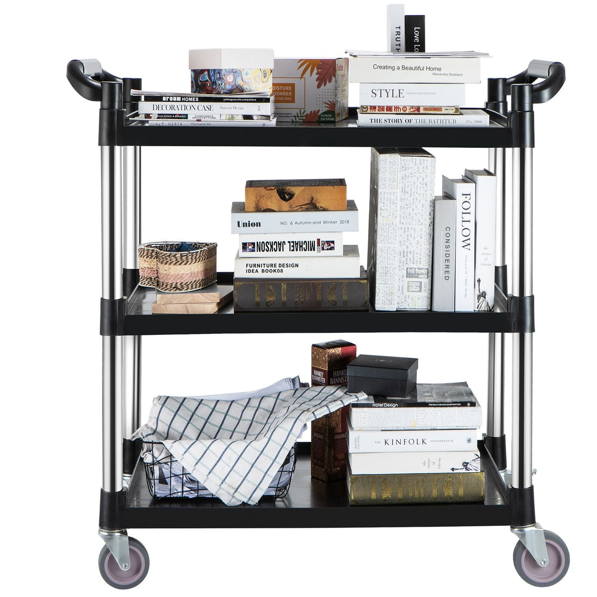Utility Service Cart, 3 Shelf Heavy Duty 154LBS Food Service Cart, Rolling Utility Cart with Lockable Wheels, 32.7" x 15.7" x 37.4" Plastic Utility Cart for Kitchen Office Restaurant Home, Black