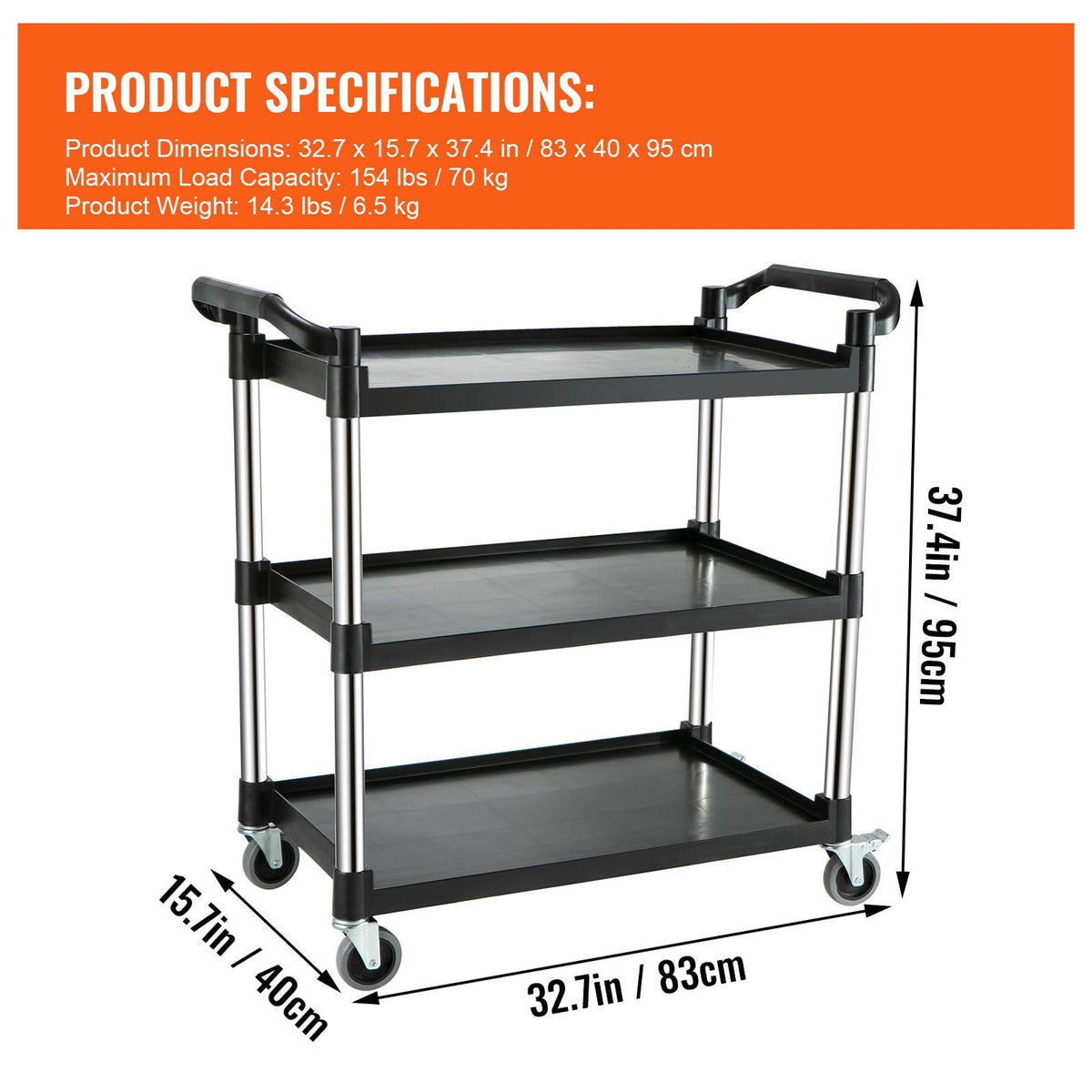 Utility Service Cart, 3 Shelf Heavy Duty 154LBS Food Service Cart, Rolling Utility Cart with Lockable Wheels, 32.7" x 15.7" x 37.4" Plastic Utility Cart for Kitchen Office Restaurant Home, Black