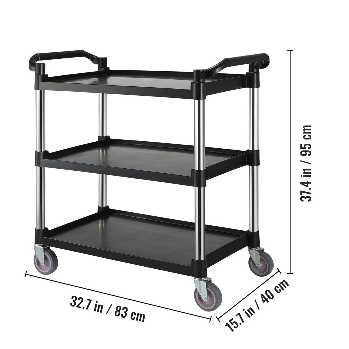 Utility Service Cart, 3 Shelf Heavy Duty 154LBS Food Service Cart, Rolling Utility Cart with Lockable Wheels, 32.7" x 15.7" x 37.4" Plastic Utility Cart for Kitchen Office Restaurant Home, Black