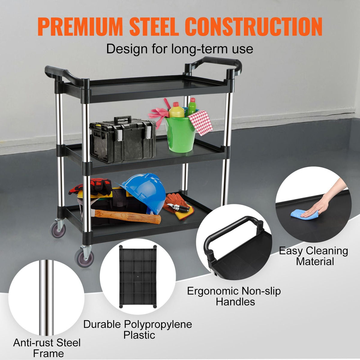 Utility Service Cart, 3 Shelf Heavy Duty 154LBS Food Service Cart, Rolling Utility Cart with Lockable Wheels, 32.7" x 15.7" x 37.4" Plastic Utility Cart for Kitchen Office Restaurant Home, Black