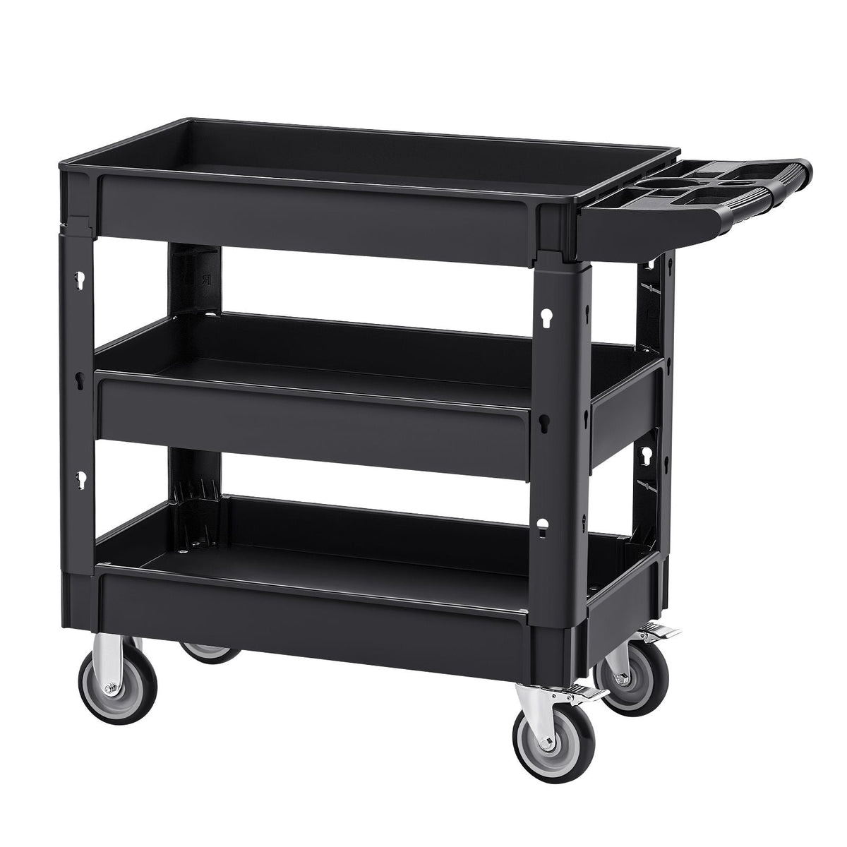 Utility Service Cart, 550 LBS Laod Capacity, 3 Shelf Heavy Duty Plastic Rolling Utility Cart with 360° Swivel Wheels (2 with Brakes), Ergonomic Storage Handle for Warehouse/Garage/Cleaning
