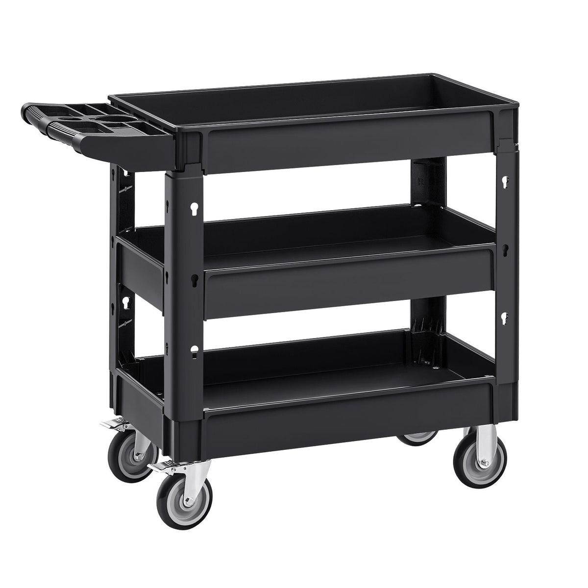 Utility Service Cart, 550 LBS Laod Capacity, 3 Shelf Heavy Duty Plastic Rolling Utility Cart with 360° Swivel Wheels (2 with Brakes), Ergonomic Storage Handle for Warehouse/Garage/Cleaning