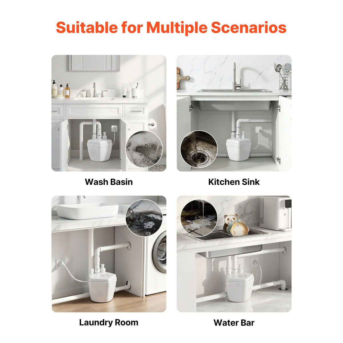 Utility Sink Pump, 1 HP, 2200 GPH Under Sink Pump with 3 Water Inlets 1 Outlet, 36 ft Max Lift, Cast Aluminum Motor, Macerating Toilet System, for Sink Shower Wash Bin Urinal Kitchen Basement