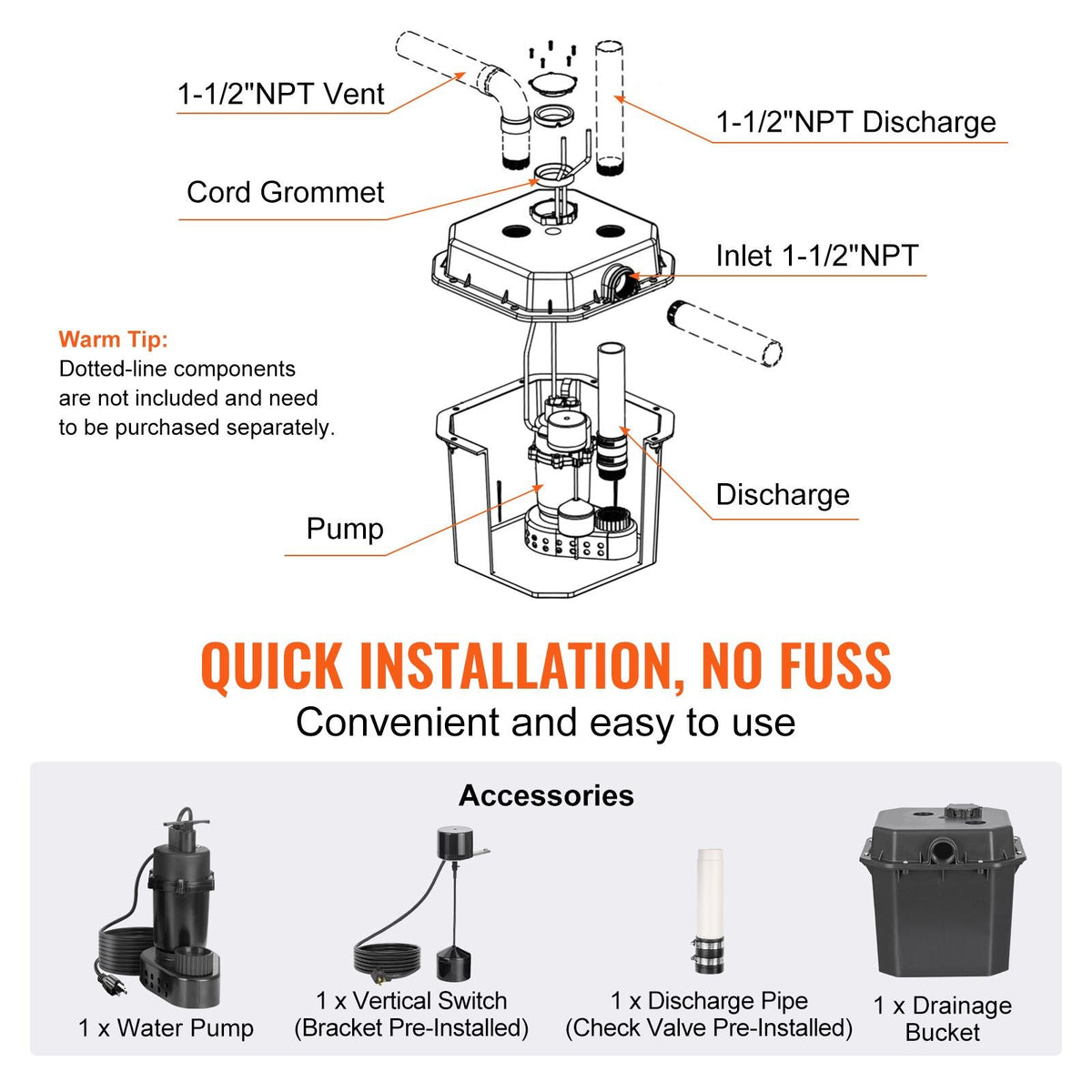 Utility Sink Pump, 1/2 HP, 120-Volt, 3500 GPH Flow, 28 ft Head, Under-Sink Sump Pump System with 6 Gallon Basin, Automatic Utility/Laundry Sink Pump, Drain Pump with 1-1/2" NPT Outlet, Black
