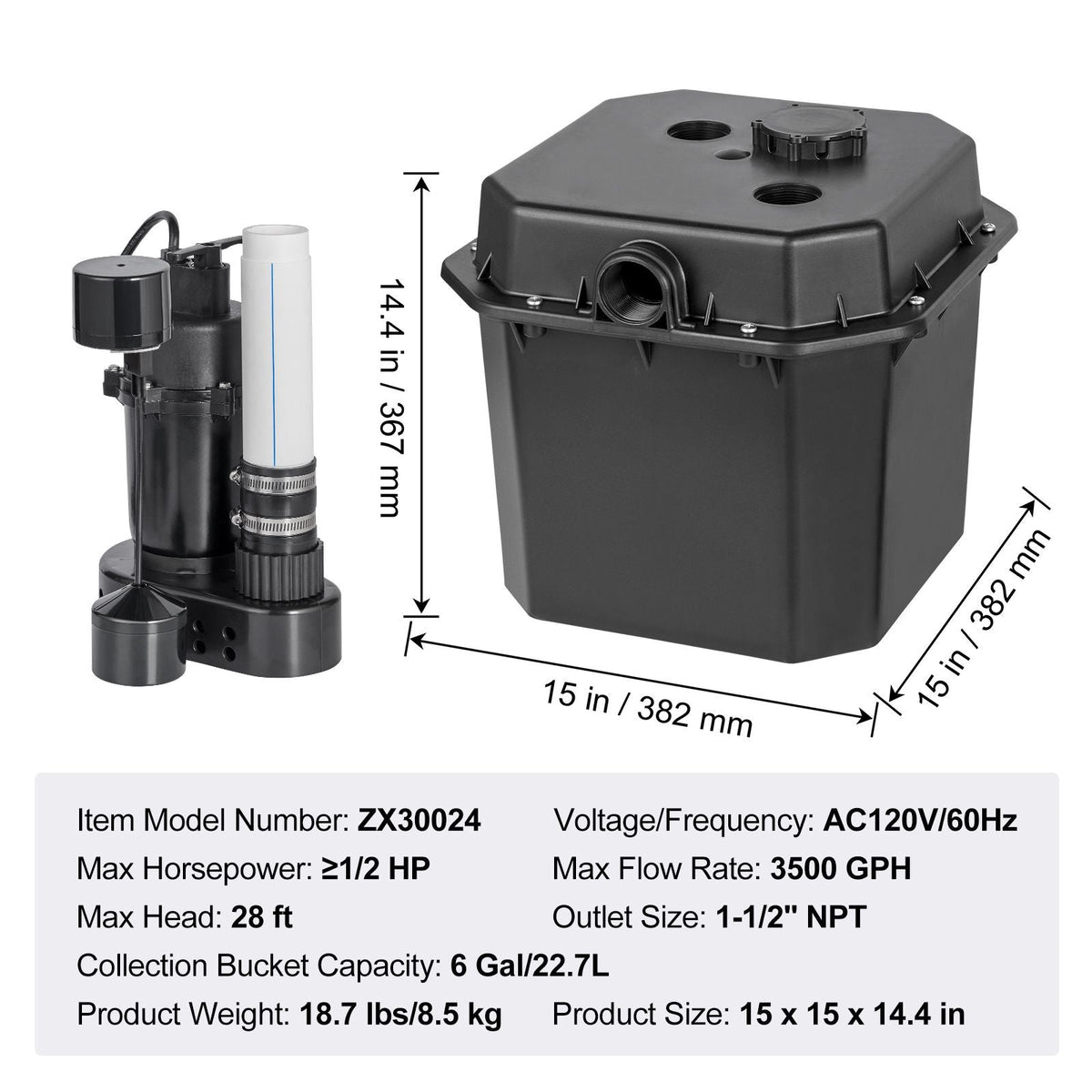 Utility Sink Pump, 1/2 HP, 120-Volt, 3500 GPH Flow, 28 ft Head, Under-Sink Sump Pump System with 6 Gallon Basin, Automatic Utility/Laundry Sink Pump, Drain Pump with 1-1/2" NPT Outlet, Black