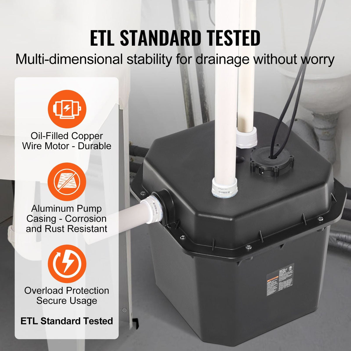 Utility Sink Pump, 1/2 HP, 120-Volt, 3500 GPH Flow, 28 ft Head, Under-Sink Sump Pump System with 6 Gallon Basin, Automatic Utility/Laundry Sink Pump, Drain Pump with 1-1/2" NPT Outlet, Black