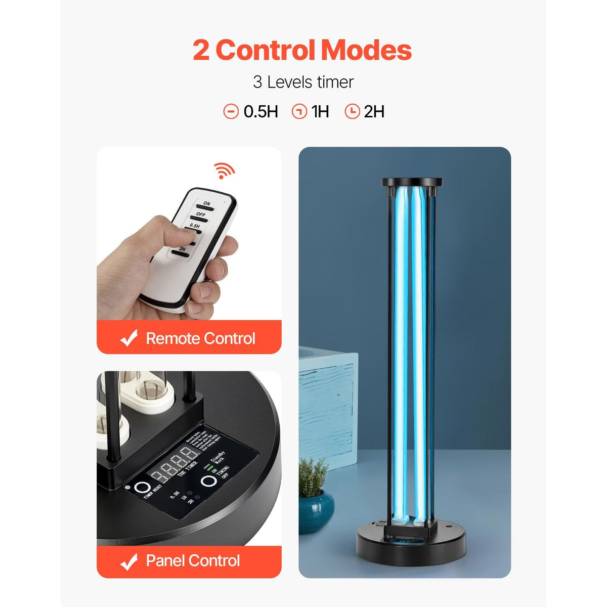 UV Light, 110W Ultraviolet Lamp with Ozone Purifier, UVC Lamp with 30/60/120 Minutes 3-Gear Timer and Remote Control, for Room up to 600 sqft, UVO Lights for Living Room, Bedroom, Hotel, School