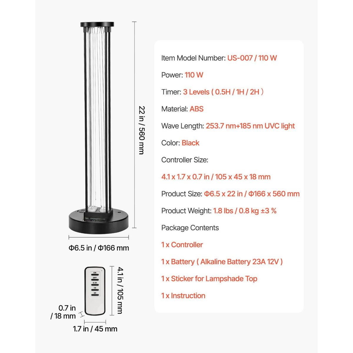 UV Light, 110W Ultraviolet Lamp with Ozone Purifier, UVC Lamp with 30/60/120 Minutes 3-Gear Timer and Remote Control, for Room up to 600 sqft, UVO Lights for Living Room, Bedroom, Hotel, School