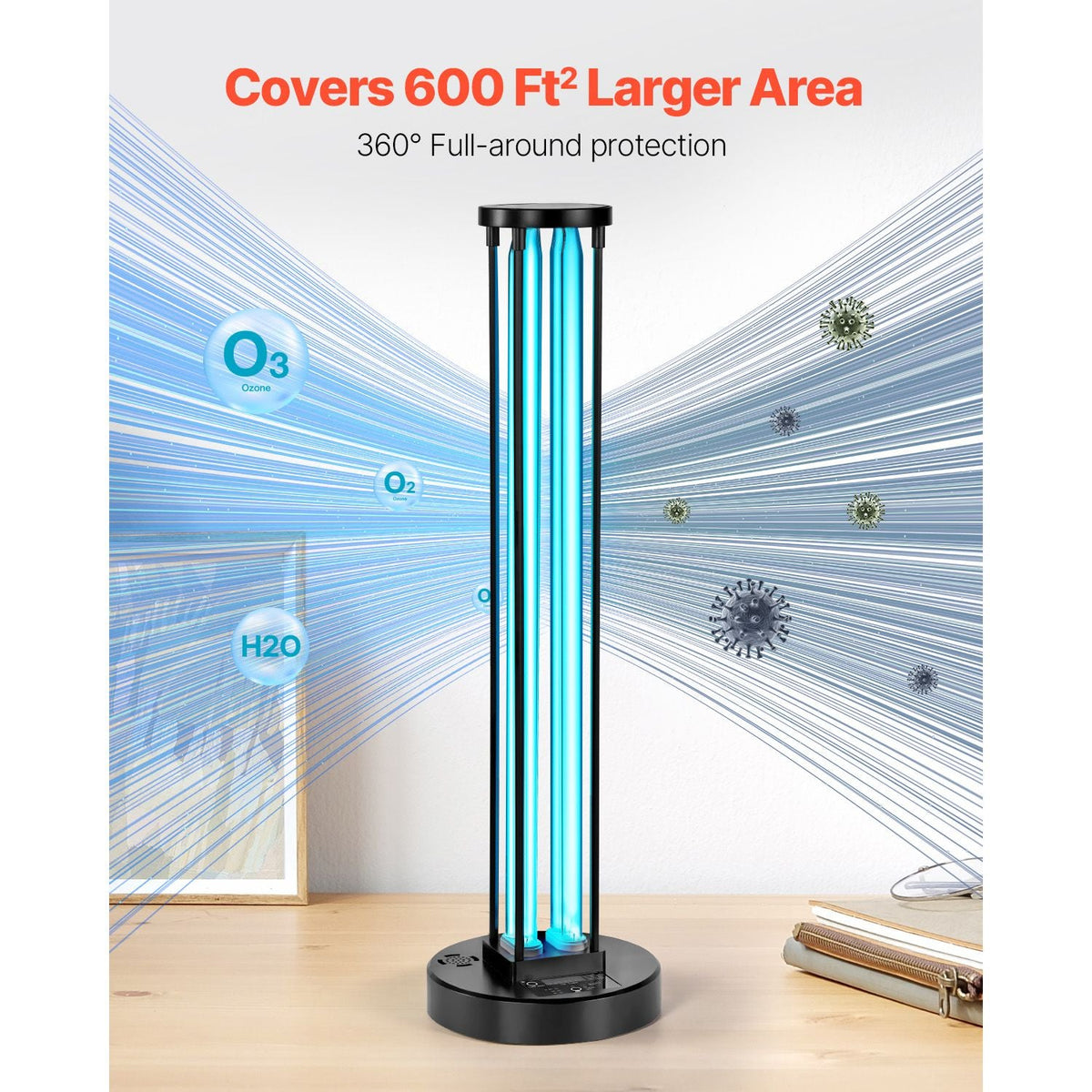 UV Light, 110W Ultraviolet Lamp with Ozone Purifier, UVC Lamp with 30/60/120 Minutes 3-Gear Timer and Remote Control, for Room up to 600 sqft, UVO Lights for Living Room, Bedroom, Hotel, School