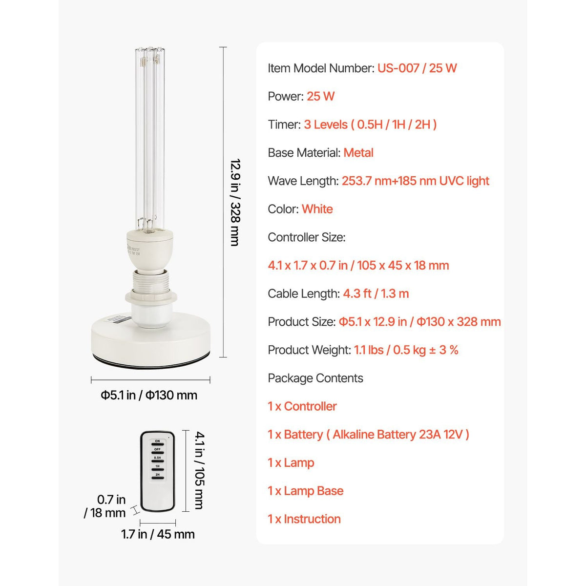 UV Light, 25W Ultraviolet Lamp with Ozone Purifier, Portable UVC Lamp with Remote Control, UVO Light Bulb with Base and 30/60/120 Min 3-Gear Timer, for 400 sqft Living Room, Bedroom, Hotel