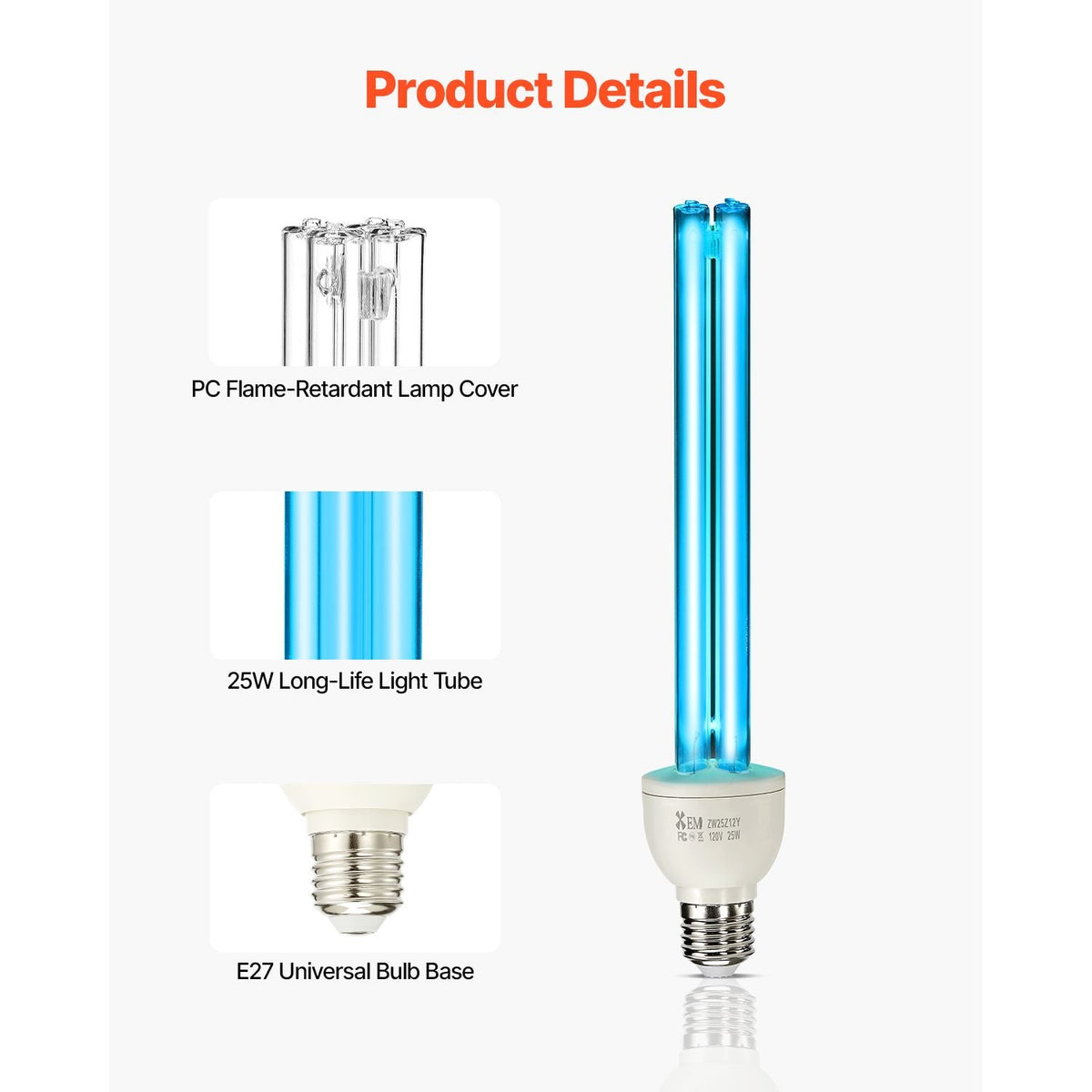 UV Light Bulb, 4 Pack, 25W Replacement Ultraviolet UVC Lamp with Ozone, 253.7 nm + 185 nm Wavelength UVO Light Bulb, E27 Universal, for 400 sqft Living Room, Classroom, Office, Restaurant