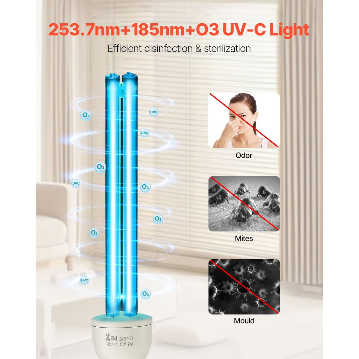 UV Light Bulb, 4 Pack, 25W Replacement Ultraviolet UVC Lamp with Ozone, 253.7 nm + 185 nm Wavelength UVO Light Bulb, E27 Universal, for 400 sqft Living Room, Classroom, Office, Restaurant