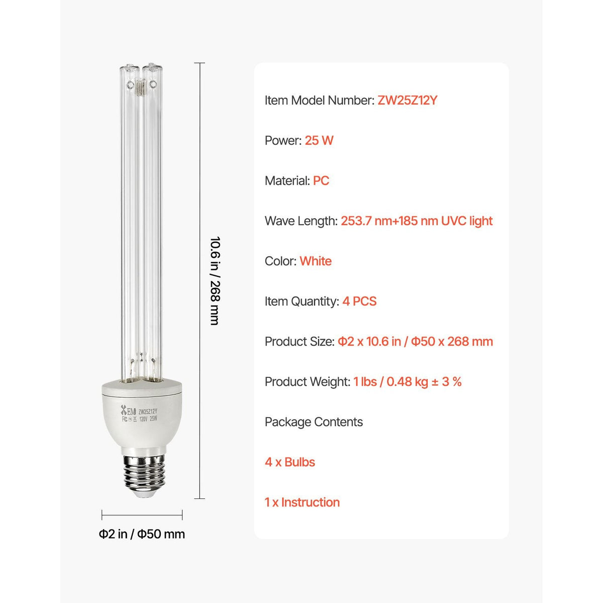 UV Light Bulb, 4 Pack, 25W Replacement Ultraviolet UVC Lamp with Ozone, 253.7 nm + 185 nm Wavelength UVO Light Bulb, E27 Universal, for 400 sqft Living Room, Classroom, Office, Restaurant