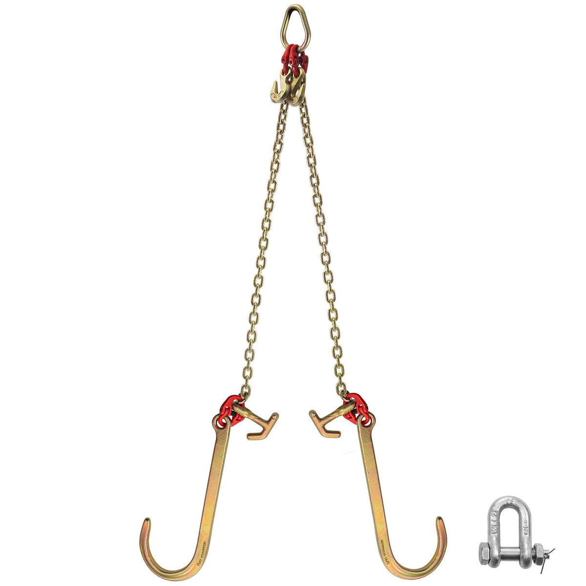 V Bridle Chain, 5/16 in x 2 ft Tow Chain Bridle, Grade 80 V-Bridle Transport Chain, 9260 Lbs Break Strength with TJ Hooks & Grab Hooks, Heavy Duty Pear Link Connector and Chain Shorteners
