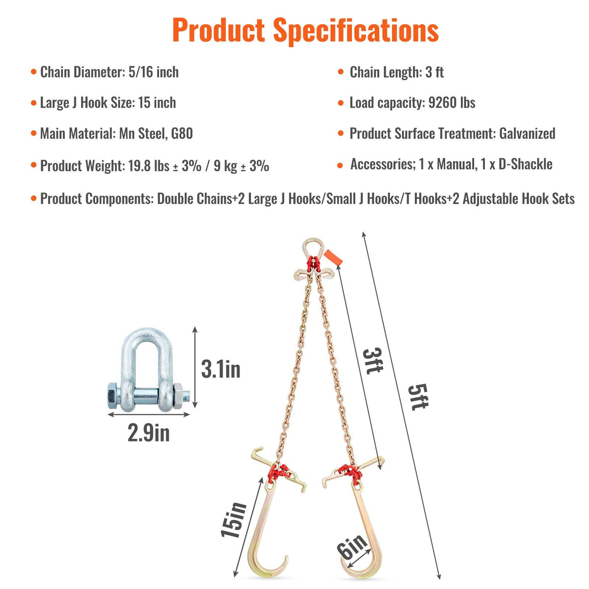 V-Chain Bridle, 9620 lbs Working Load Limit, 5/16'' x 3' G80 Tow Chain with RTJ Cluster Hooks, DOT Certified, Galvanized Coating Manganese Steel & D-Shackle, for Lifting & Moving Activities