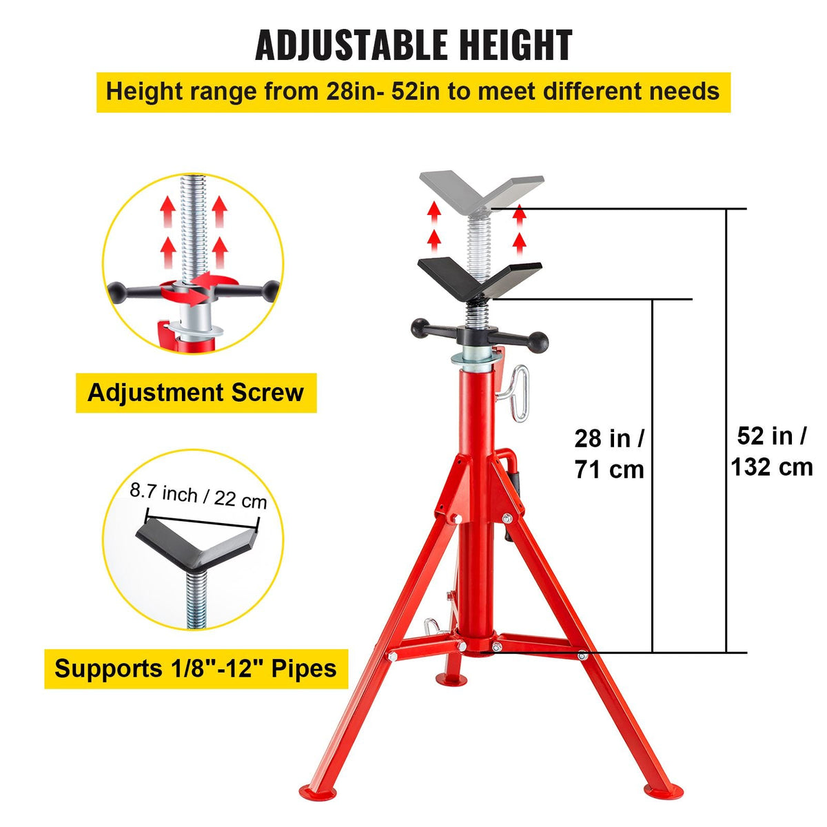 V Head Pipe Stand Adjustable Height 28-52 Inch, Pipe Jack Stands 2500 LB. Capacity,Folding Portable Pipe Stands 1/2 to 12 Inch Pipe Supporting,Steel Jack Stands