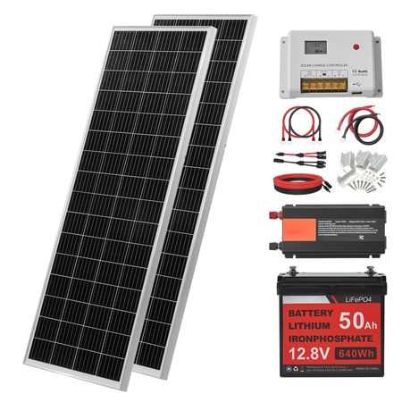 V200W 12V Complete Solar Power Kit, 2PCS 100W Monocrystalline Solar Panels + 12.8V 50Ah LiFePO4 Battery + 40A Charge Controller + 800W Power Inverter, Ideal for RV Home Camping Boat Off-Grid