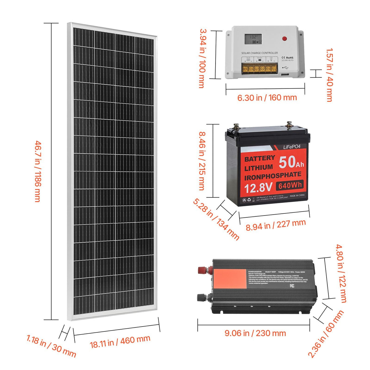 V200W 12V Complete Solar Power Kit, 2PCS 100W Monocrystalline Solar Panels + 12.8V 50Ah LiFePO4 Battery + 40A Charge Controller + 800W Power Inverter, Ideal for RV Home Camping Boat Off-Grid