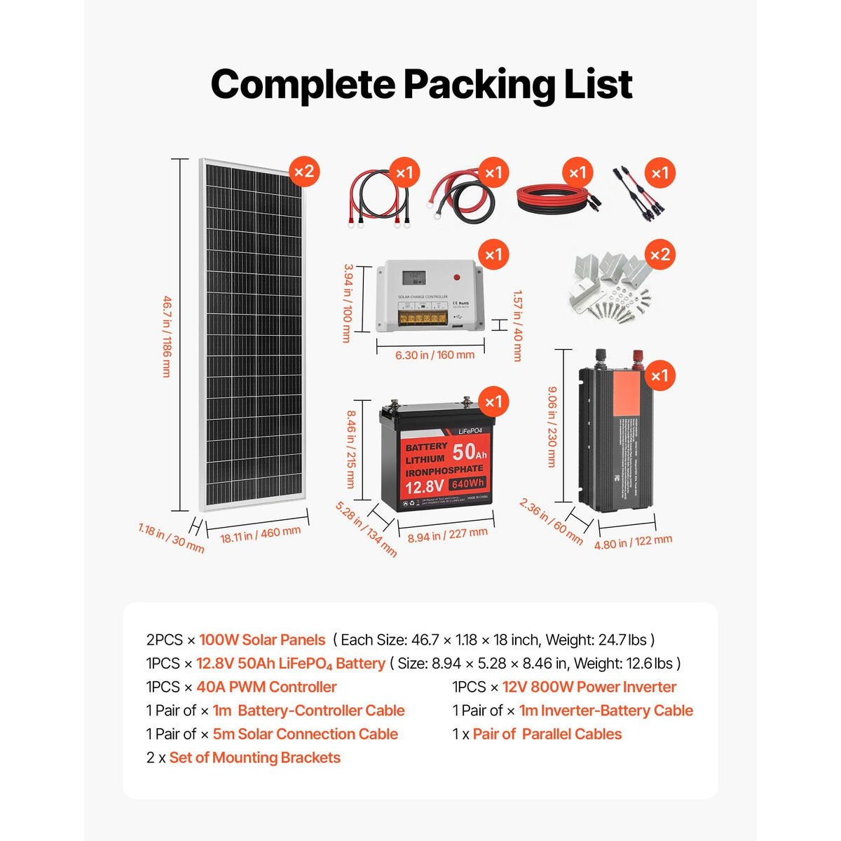 V200W 12V Complete Solar Power Kit, 2PCS 100W Monocrystalline Solar Panels + 12.8V 50Ah LiFePO4 Battery + 40A Charge Controller + 800W Power Inverter, Ideal for RV Home Camping Boat Off-Grid