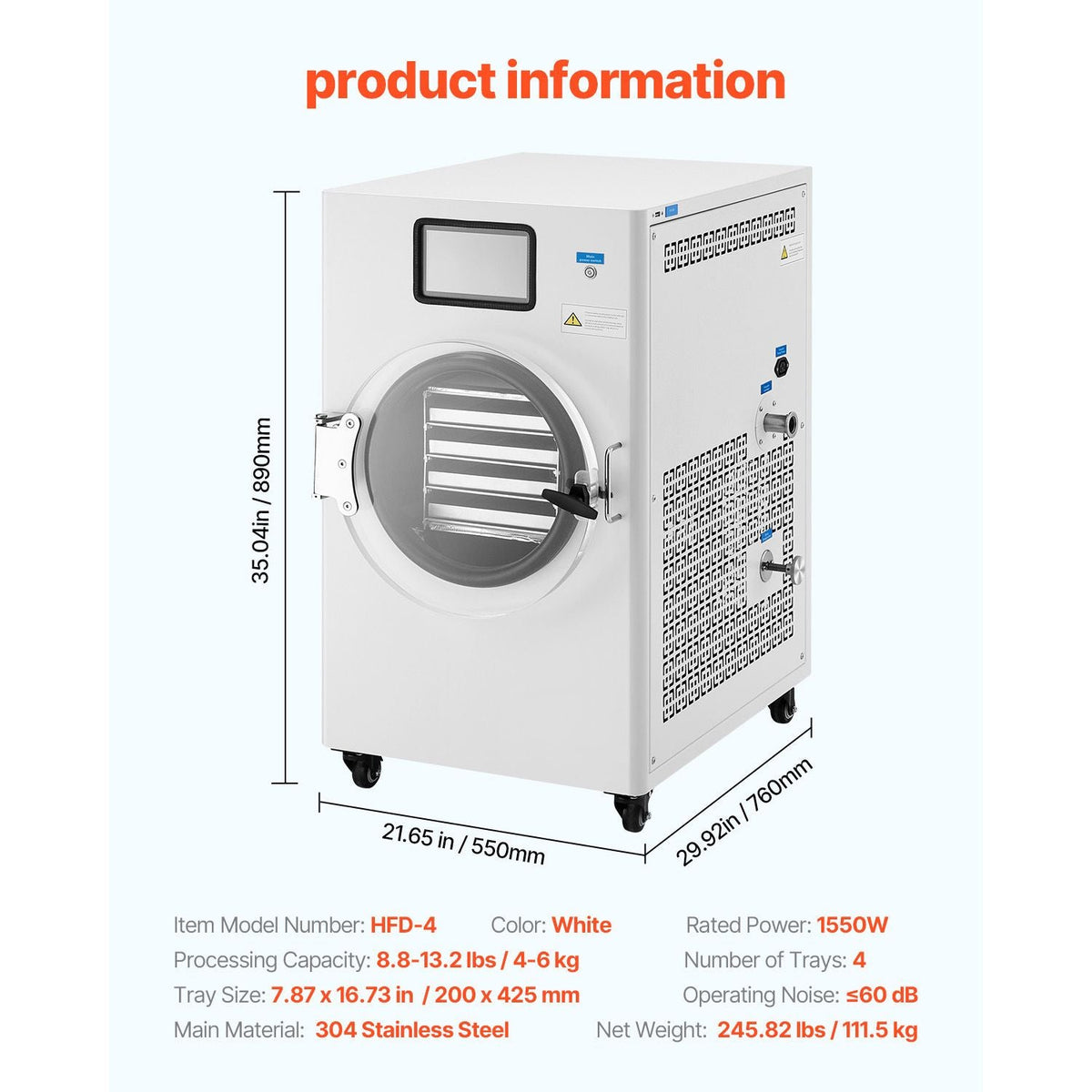 Vacuum Freeze Dryer Machine, 8.8-13.2 LBS/Batch Food Freeze Drying Machine with 4-Layer Trays, Vacuum Pump, Adjustable Timer and Temperature Control, for Fruits Vegetables Meat, White