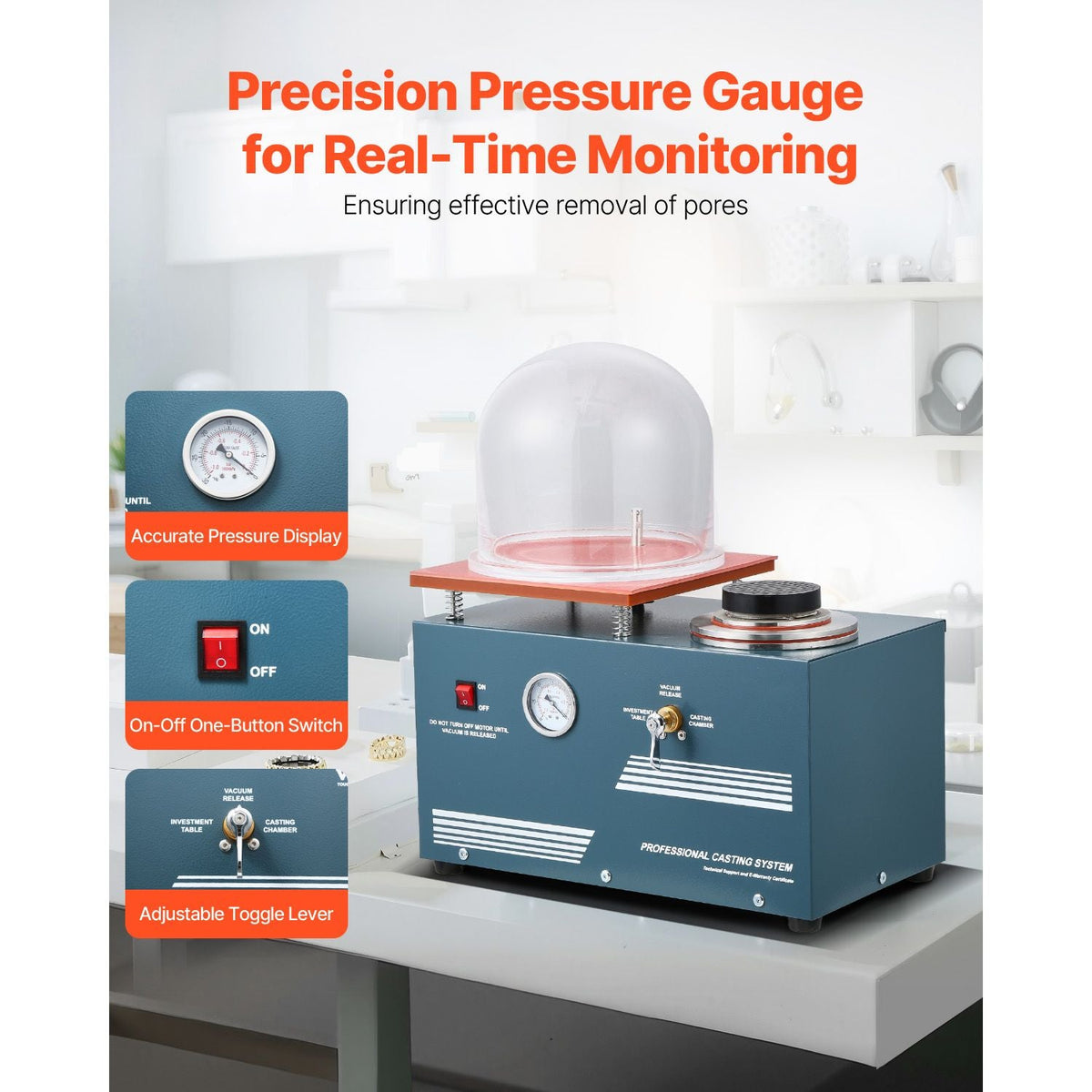 Vacuum Investing Casting Machine, 290W Power, with 3 CFM Pump and Bell Jar, Convenient Oil Injection Port, Precision Pressure Gauge, 11 x 11 in Workbench, Casting Machine for Jewelry and Metal