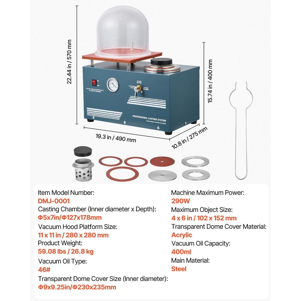 Vacuum Investing Casting Machine, 290W Power, with 3 CFM Pump and Bell Jar, Convenient Oil Injection Port, Precision Pressure Gauge, 11 x 11 in Workbench, Casting Machine for Jewelry and Metal