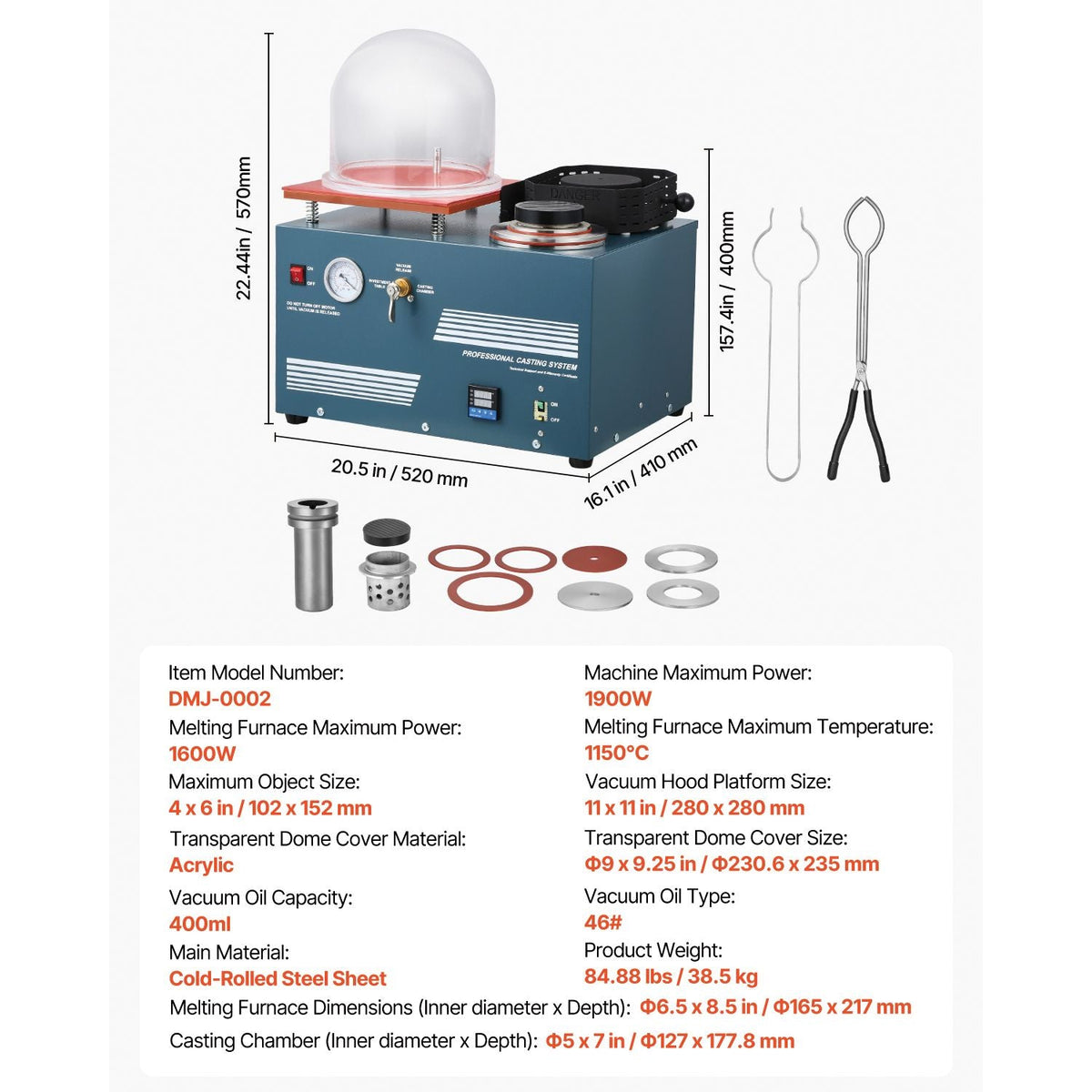 Vacuum Investing Casting Machine with Melting Furnace, Convenient Oil Injection Port, Precision Pressure Gauge, All-in-One Machine for Casting Jewelry and Melting Scrap, Silver, Gold, Copper