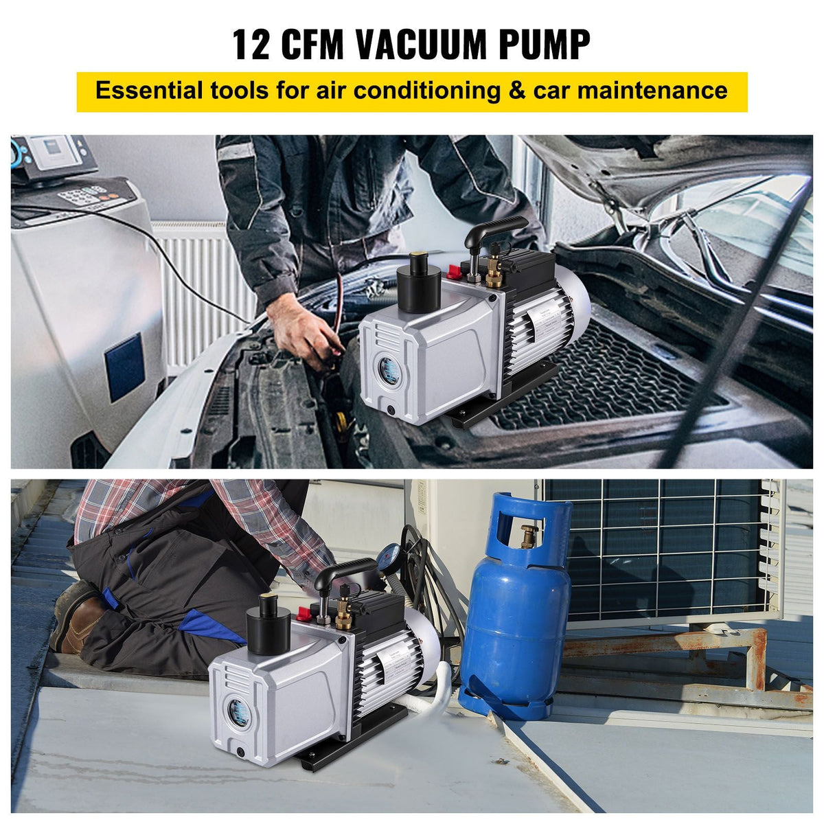 Vacuum Pump 12CFM 1 HP Single Stage Air Conditioning Vacuum Pump 110V 5PA Ultimate Vacuum Refrigerant HVAC Air Tool Rotary Vane Vacuum Pump for Automobile Vacuum Evacuation (1-Stage, 12CFM)