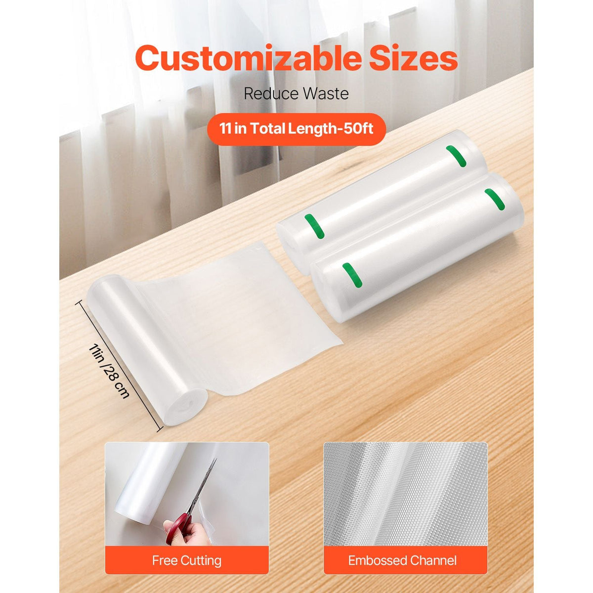 Vacuum Sealer Bags, 2 Rolls 11 In x 50 Ft, Non-BPA Food Grade Seal A Meal Bags, Customizable Freezer-friendly Vac Sealing Bag for Food Saver, Food Storage Vacuum Bags for Meal Prep or Sous Vide