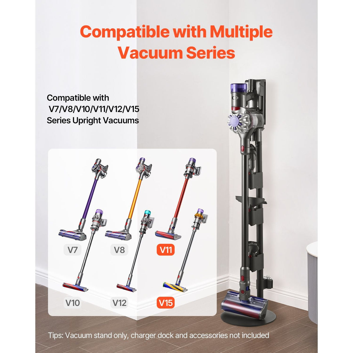 Vacuum Stand, Compatible With V7 V8 V10 V11 V12 V15 Series Upright Vacuum Cleaners & Accessories, Stable Vacuum Stand Holder with 4 Anti-slip Pads and 3 Clips for Storing 6 Brush Heads