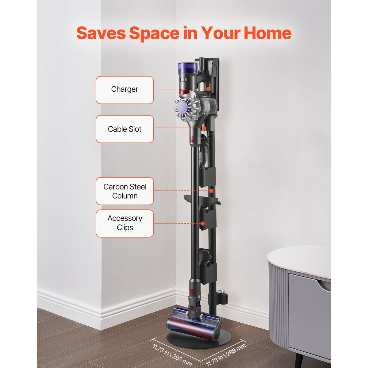 Vacuum Stand, Compatible With V7 V8 V10 V11 V12 V15 Series Upright Vacuum Cleaners & Accessories, Stable Vacuum Stand Holder with 4 Anti-slip Pads and 3 Clips for Storing 6 Brush Heads