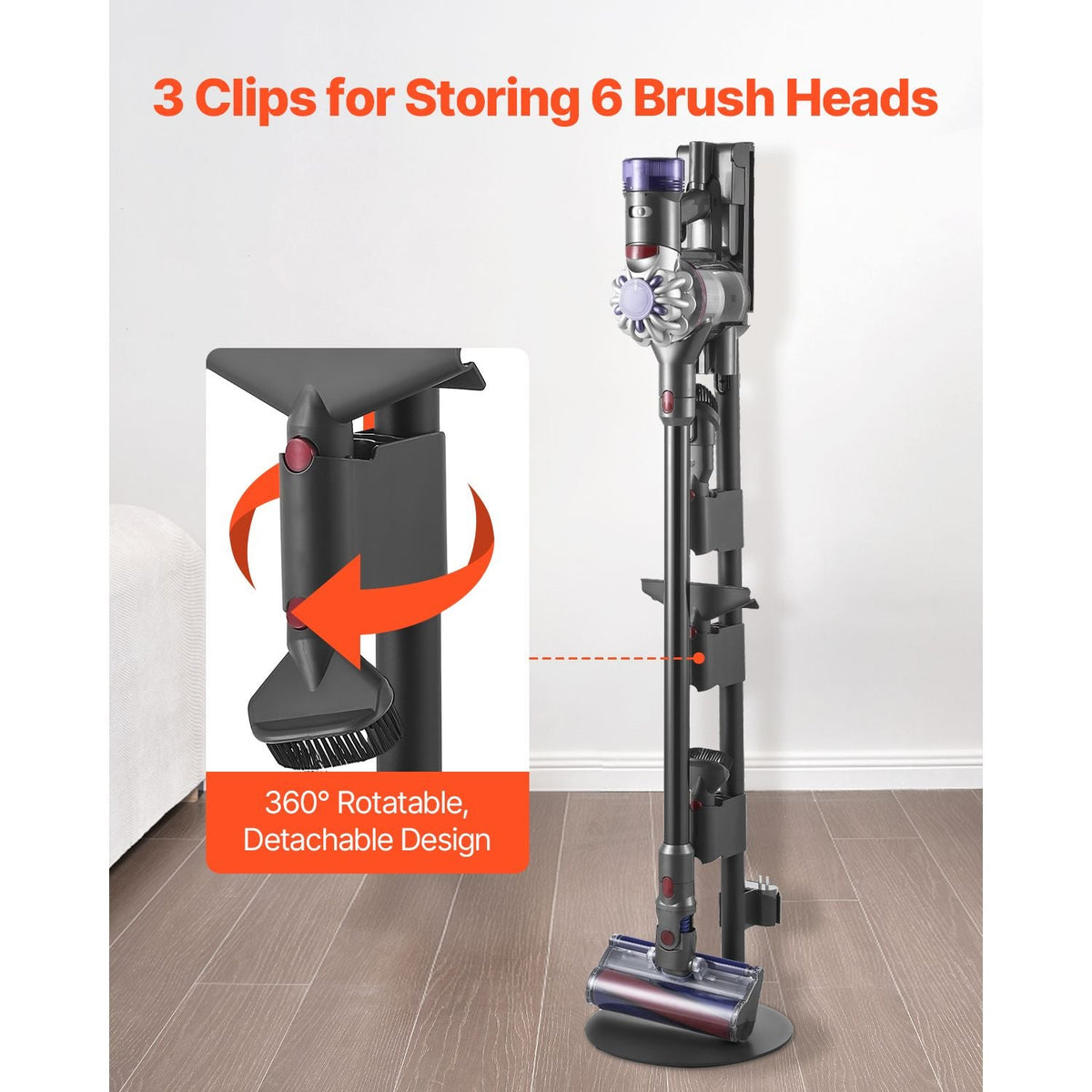 Vacuum Stand, Compatible With V7 V8 V10 V11 V12 V15 Series Upright Vacuum Cleaners & Accessories, Stable Vacuum Stand Holder with 4 Anti-slip Pads and 3 Clips for Storing 6 Brush Heads