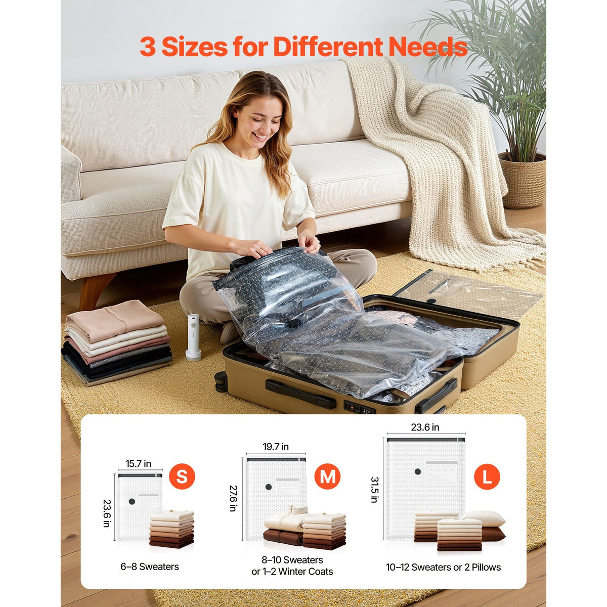 Vacuum Storage Bags, 18 Pack Space Saver Vacuum Seal Bags for Clothing, with Pump and Charging Cable, Double Zipper Seal, Thickened PA and PE, Compression for Clothes Storage, Travel Luggage