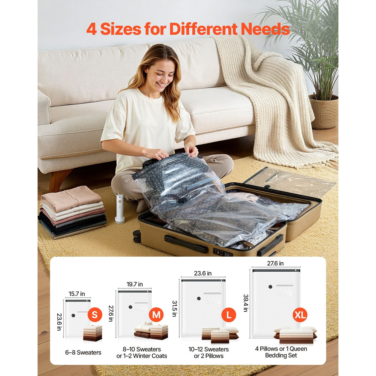Vacuum Storage Bags, 26 Pack Space Saver Vacuum Seal Bags for Clothing, with Pump and Charging Cable, Double Zipper Seal, Thickened PA and PE, Compression for Clothes Storage, Travel Luggage