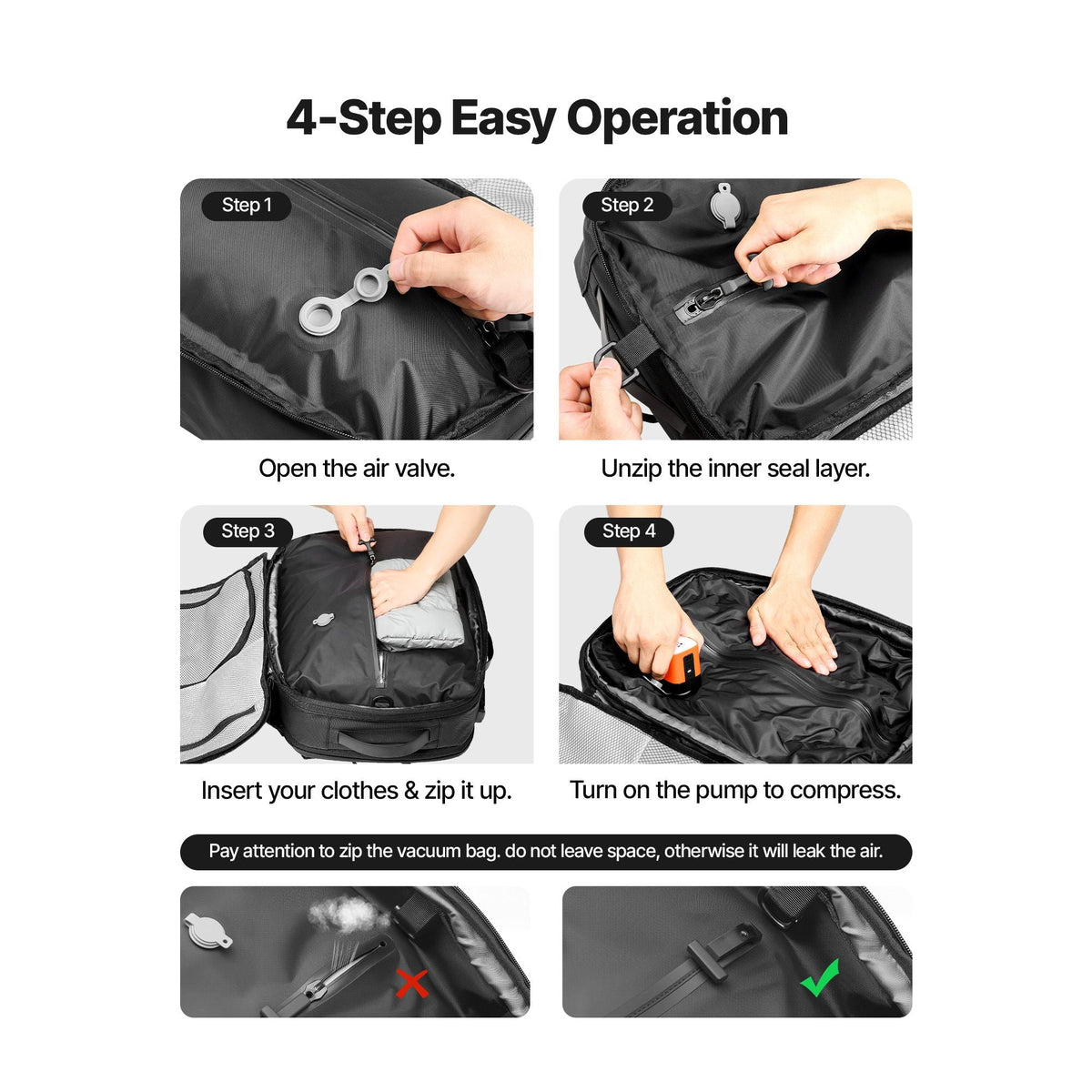 Vacuum Travel Backpack, 35L, Vacuum Seal Compression Travel Backpack with Air Pump, Multiple Pockets & Compartments, Water-Resistant Carry-On Suitcase Luggage, Casual Personal Item Bag, Black