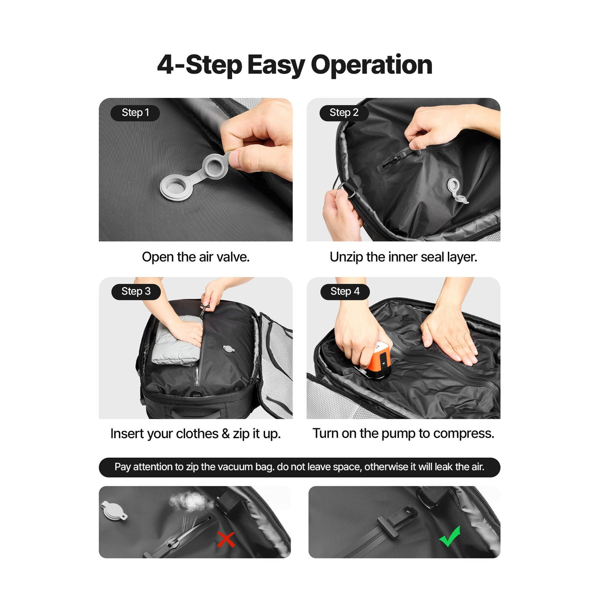 Vacuum Travel Backpack, 65L, Expandable Vacuum Seal Compression Travel Backpack with Pump, with TSA-Approved Lock, Airback Vacpack, Water-Resistant Carry-On Suitcase Luggage, for Business, Black