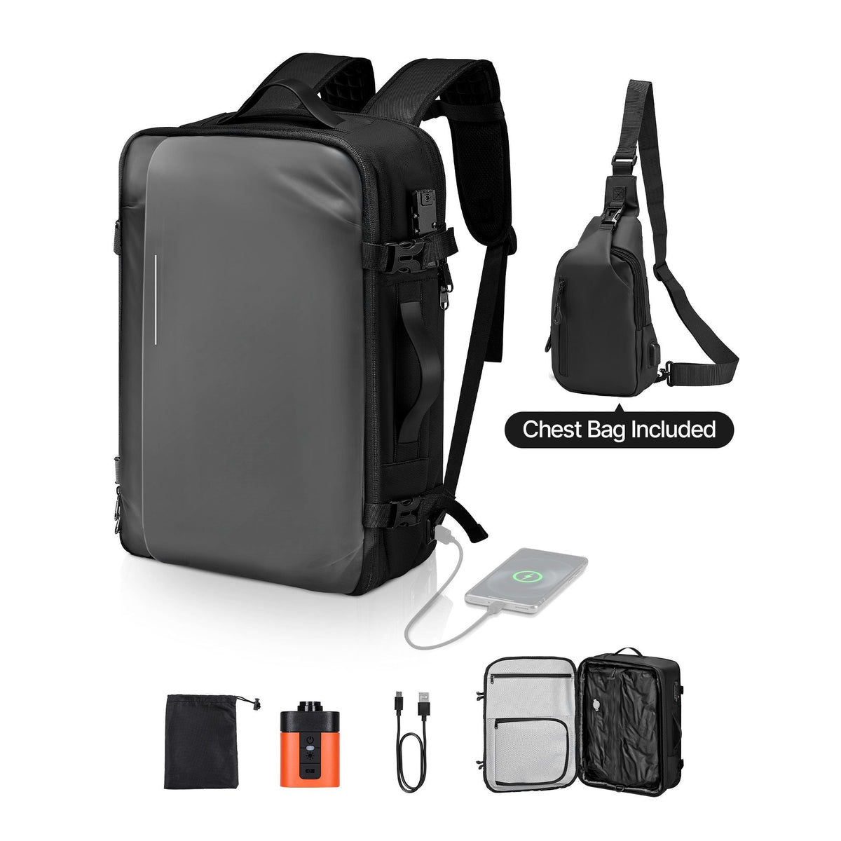 Vacuum Travel Backpack, 65L, Expandable Vacuum Seal Compression Travel Backpack with Pump, with TSA-Approved Lock, Airback Vacpack, Water-Resistant Carry-On Suitcase Luggage, for Business, Gray