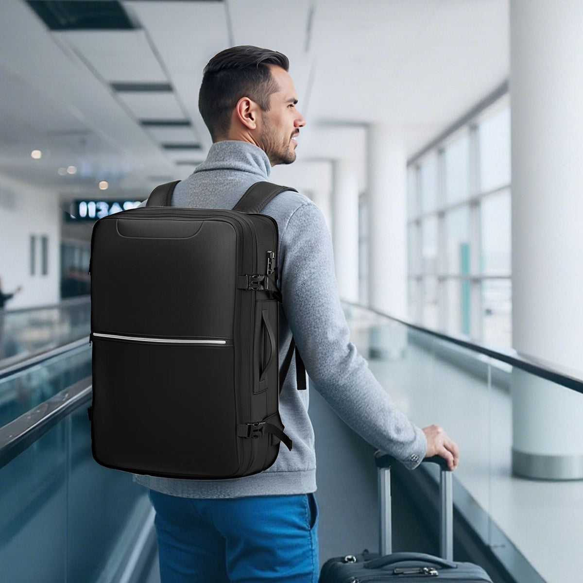 Vacuum Travel Backpack, 80L, Expandable Vacuum Seal Compression Travel Backpack with Pump, with TSA-Approved Lock, Airback Vacpack, Water-Resistant Carry-On Suitcase Luggage, for Business, Black