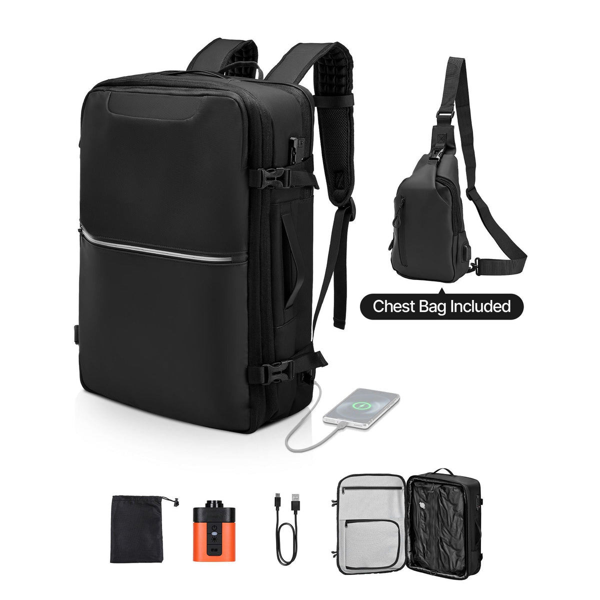 Vacuum Travel Backpack, 80L, Expandable Vacuum Seal Compression Travel Backpack with Pump, with TSA-Approved Lock, Airback Vacpack, Water-Resistant Carry-On Suitcase Luggage, for Business, Black
