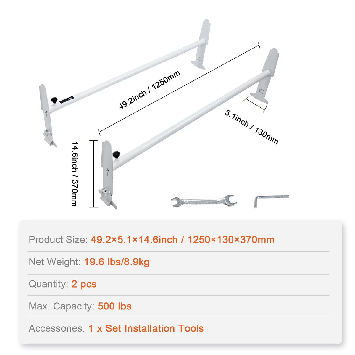 Van Roof Ladder Rack, 2 Bar Alloy Steel Ladder Racks, Adjustable from 47.2"-78.7", 500 lbs Capacity, Roof Rack Compatible with Full-size Vans with Rain Gutter, Chevrolet Express, GMC Savana, etc