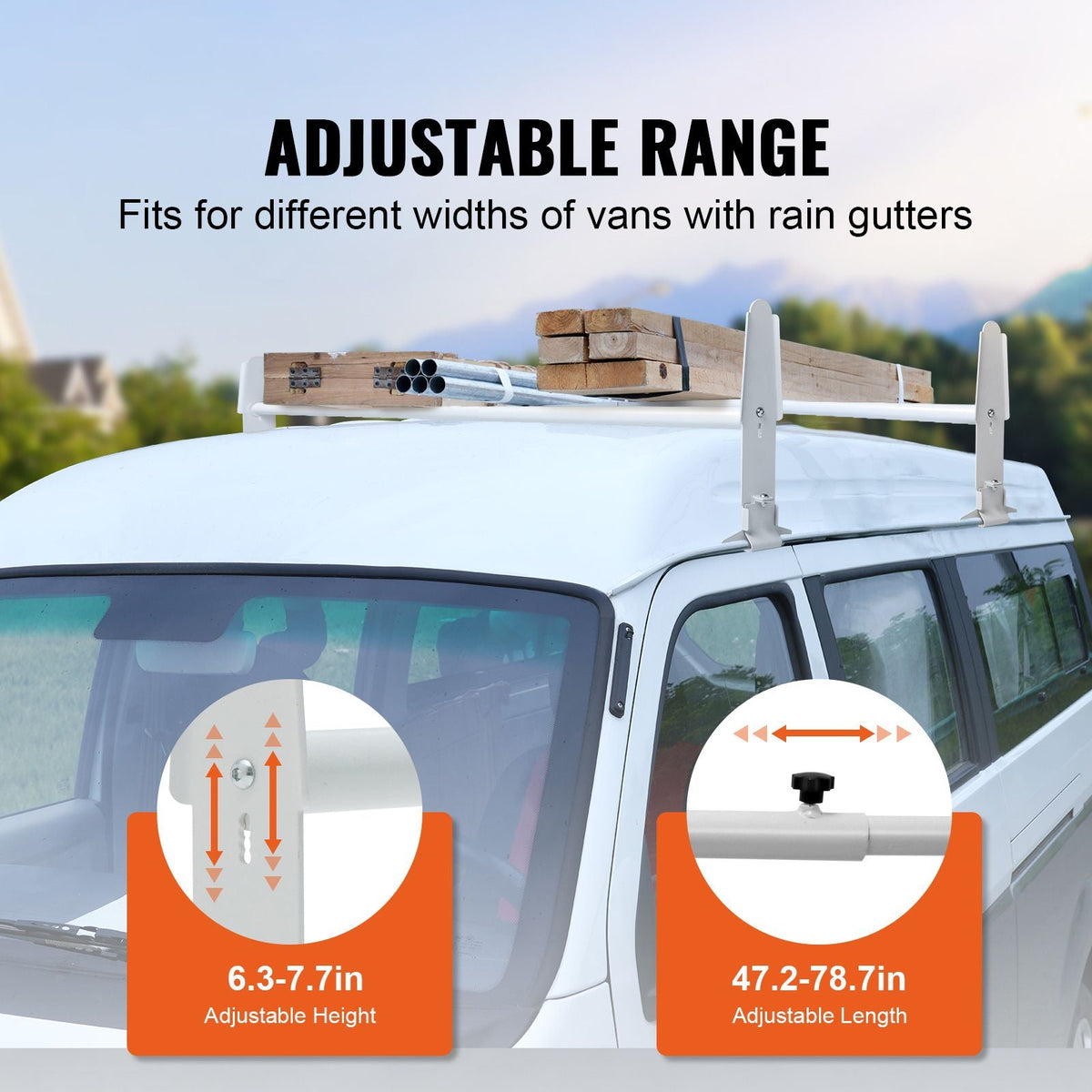 Van Roof Ladder Rack, 2 Bar Alloy Steel Ladder Racks, Adjustable from 47.2"-78.7", 500 lbs Capacity, Roof Rack Compatible with Full-size Vans with Rain Gutter, Chevrolet Express, GMC Savana, etc
