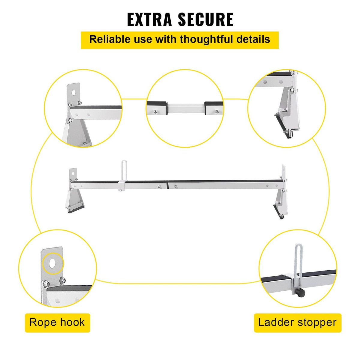 Van Roof Ladder Rack, 2 Bars, 331 LBS Capacity, 52\"-63.8\" Adjustable Steel Roof Rack Cross Bar with Ladder Stoppers, Fit Vans with Rain Gutters, for Kayak Canoe Lumber Pipe Cargo,, White